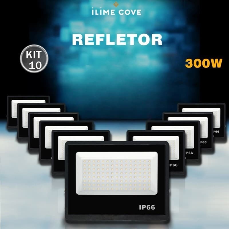 Kit 10 Refletor LED 300W Holofote Bivolt Super Brilhante e Econômico IP66 à Prova d'Água Externas