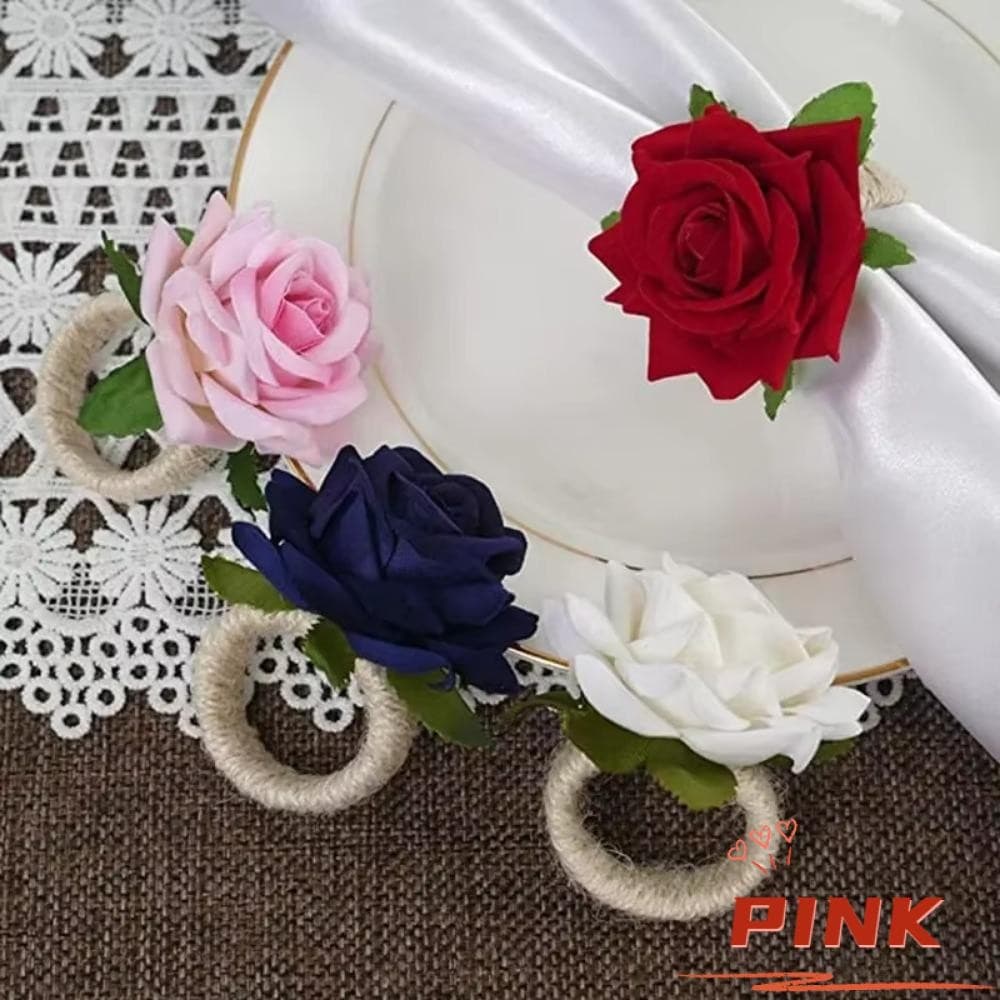 PINK1 6pcs Anel De Guardanapo , Fivela De Toalha Vermelha De Flor Rosa Artificial , Com Decoração De Mesa De Corda