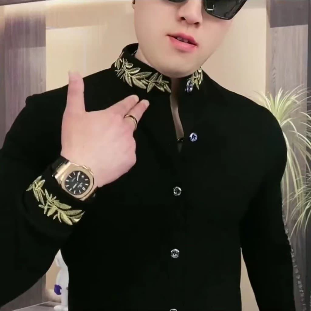 Luz de luxo Casual estilo étnico moda masculina fino ajuste moletom de manga comprida preto na moda todos @-