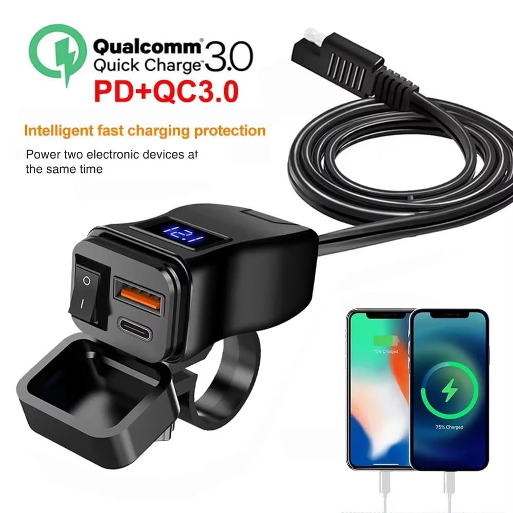 60W PD QC3.0 Motocicleta USB Carregador Rápido 60W Guiador Dupla Tomada Com Interruptor Voltímetro À Prova Dwaterproof Á