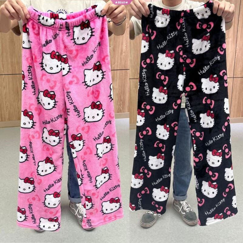 Hello Kitty Pajama Pants Kawaii Kt Cat Women Warm Casual Outono Inverno Calças De Pelúcia Macia Coral Velvet Britches