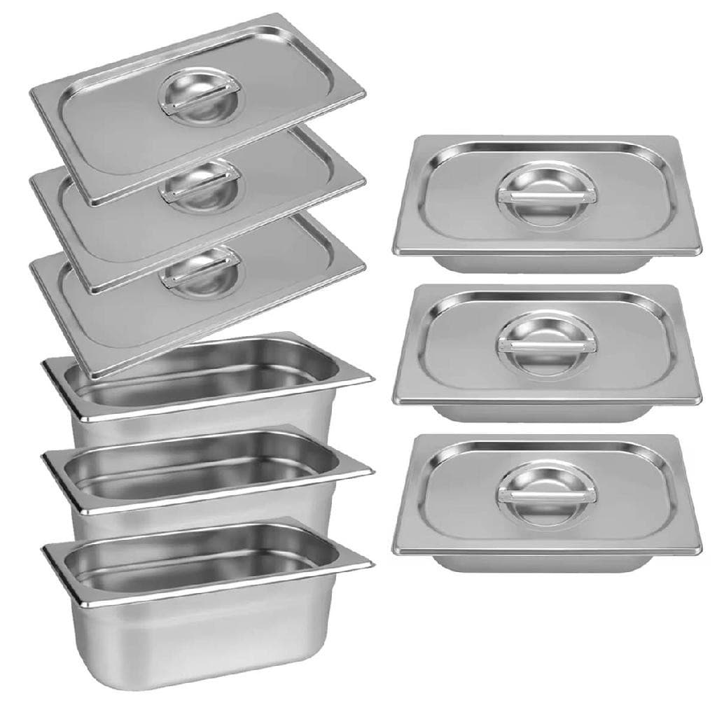 Kit 6 Cubas Gastronômicas GN 1/4 Inox 100mm 3,8L com 6 Tampas Buffet Rechaud Cozinha Profissional