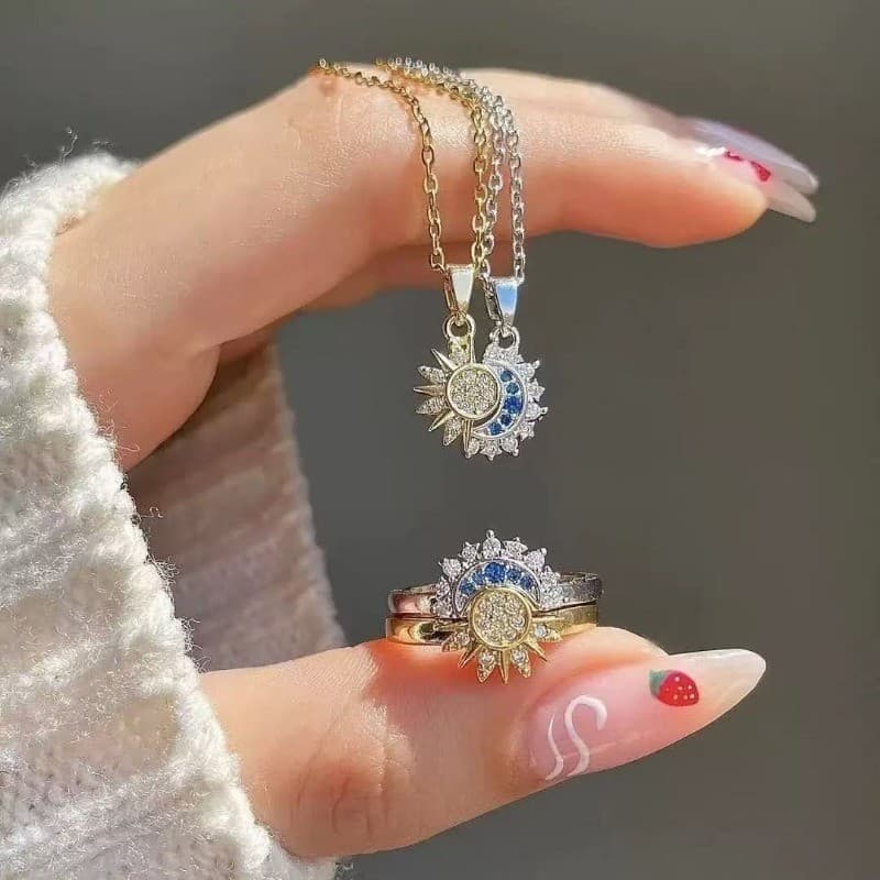 Europeu E Americano Novo Simples Brilhante Anel De Sol Azul Diamante Lua Feminino Conjunto De Duas Peças Jóias De Abertu
