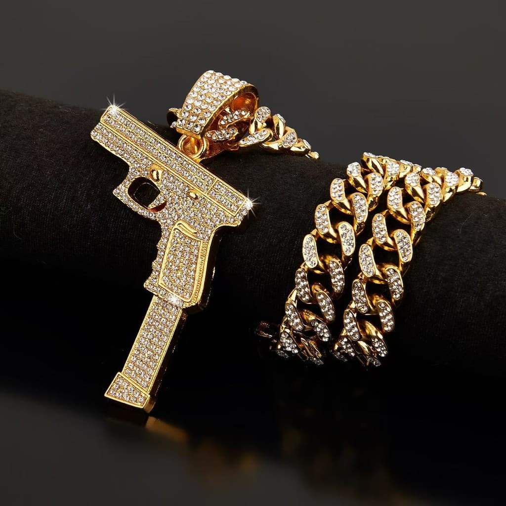 Novo Corrente Cravejada Forma De Pistola De Diamante Pingente Colar Hip Hop Corrente De Ice Cubano AcessóRios De JóIas