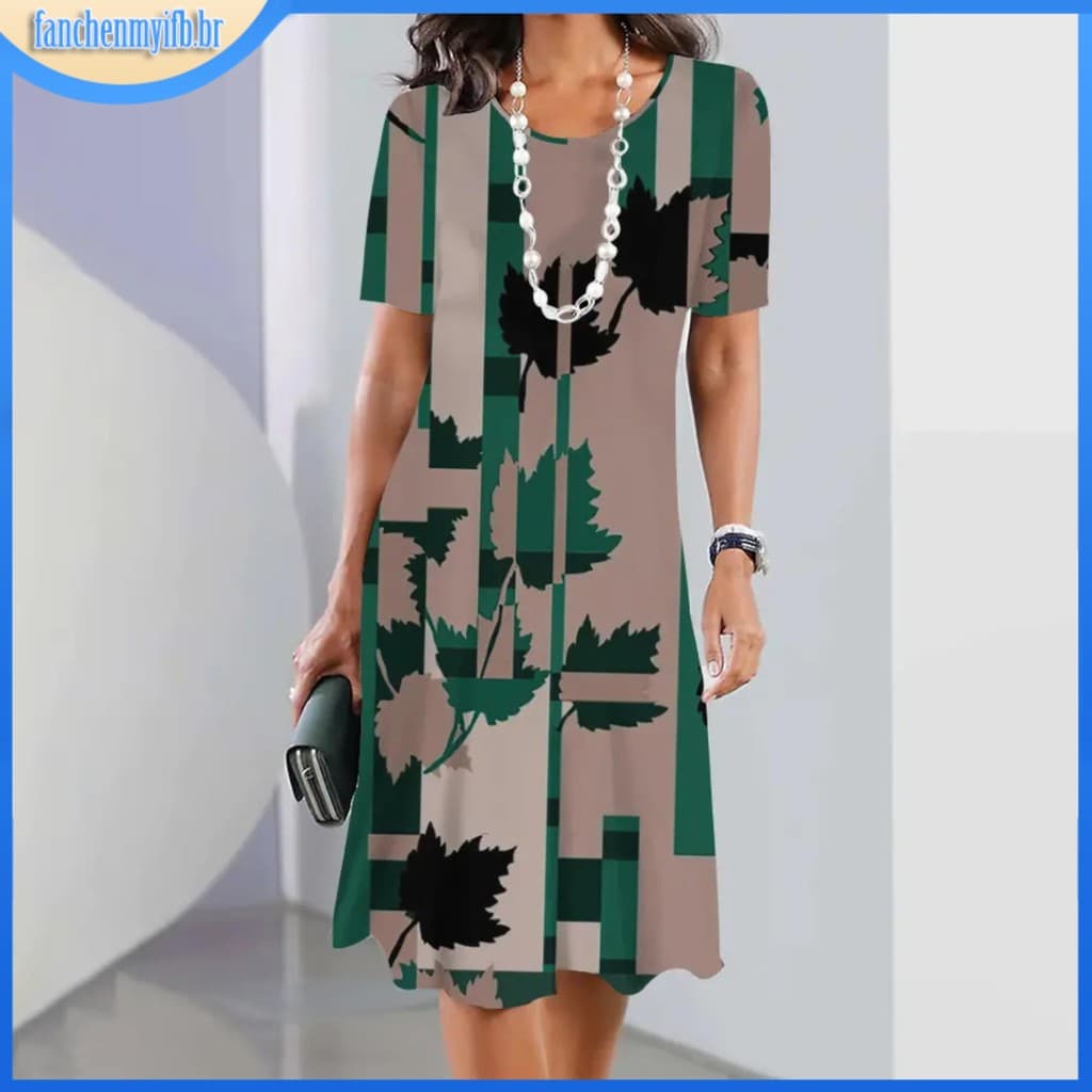 Vestido de verão de manga curta Impresso Boêmio de Praia para Senhoras de Meio Comprimento