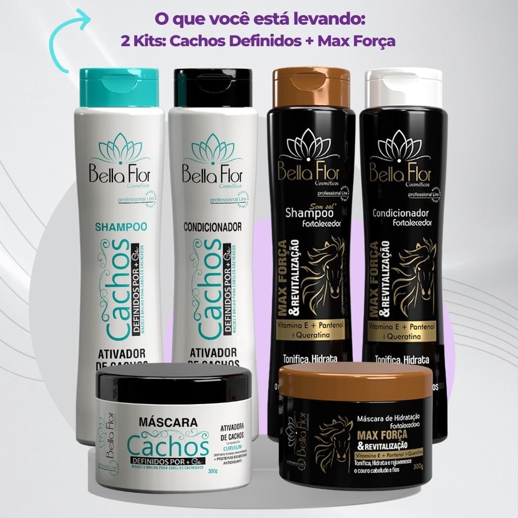 2 Kits Capilares Cachos e Força 6 Produtos Shampoo Condicionador Máscara Bella Flor Definição Anti-Frizz Profissional
