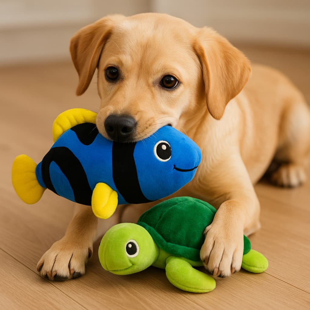 Mordedor Peixe + Mordedor Tartaruga para Pets brincar e mastigar Kit com 2 mordedores de Pelúcia
