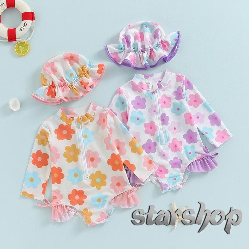 Starshop-Baby Girl Rash Guard Maiôs De Verão Com Estampa Floral E Zíper Conjunto De Roupa De Banho Chapéu De Sol Para Cr