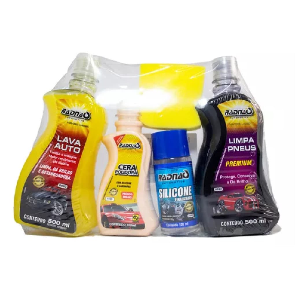 KIT LAVA AUTO RADNAQ PRETINHO/SILICONE/SHAMPOO/CERA POLIDORA/ESPONJA