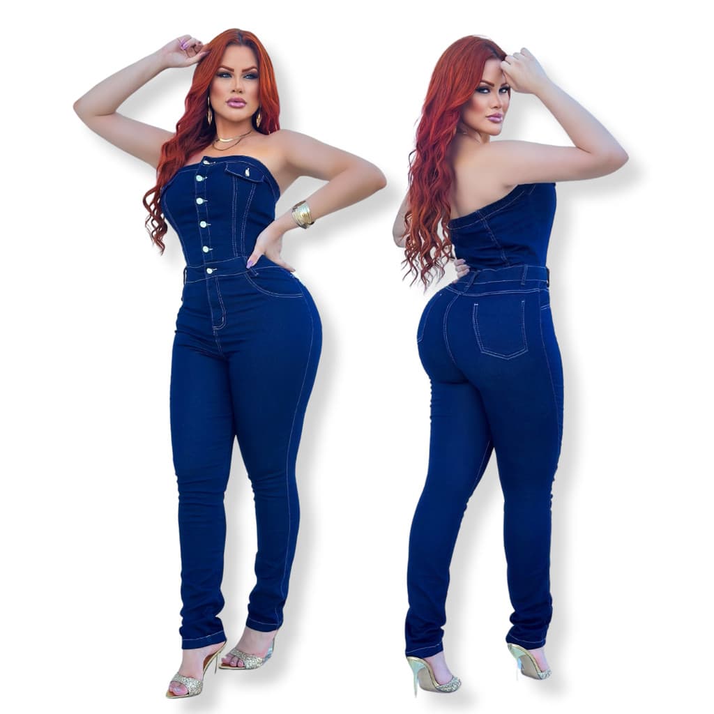 Macacão Jeans Feminino Tomara que Caia Skinny com lycra