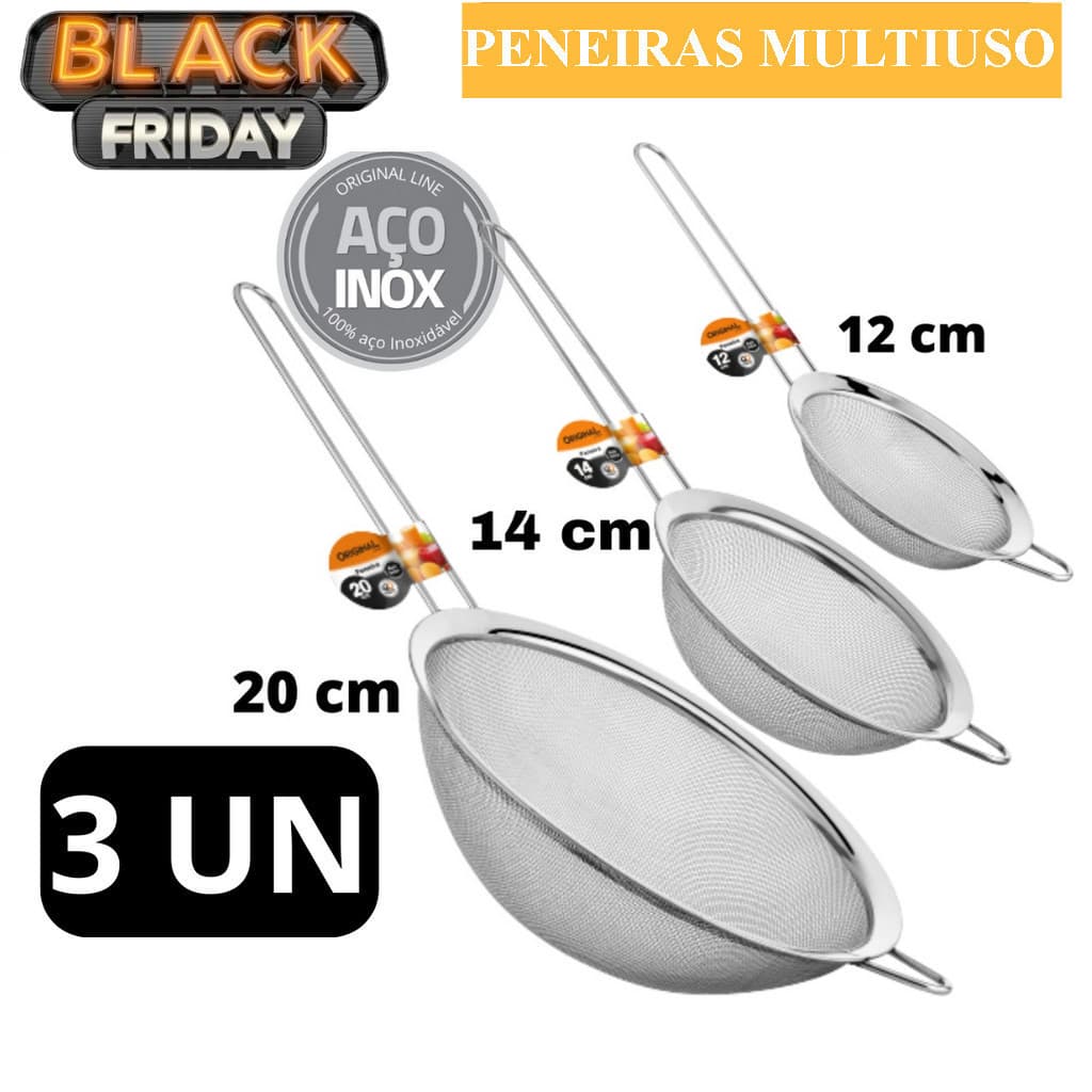 Kit 03 Peneira Coador Manual Em Aço Inox Para Cozinha 12cm 14cm 20cm