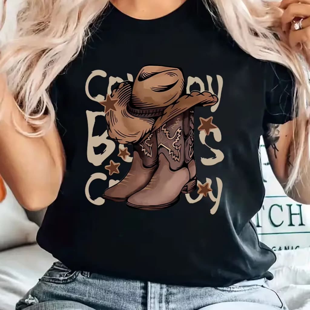 Camiseta T-shirt Unissex Algodão Cowboy Country Bota Chapéu Camisa Blusinha Básica Festa de Peão