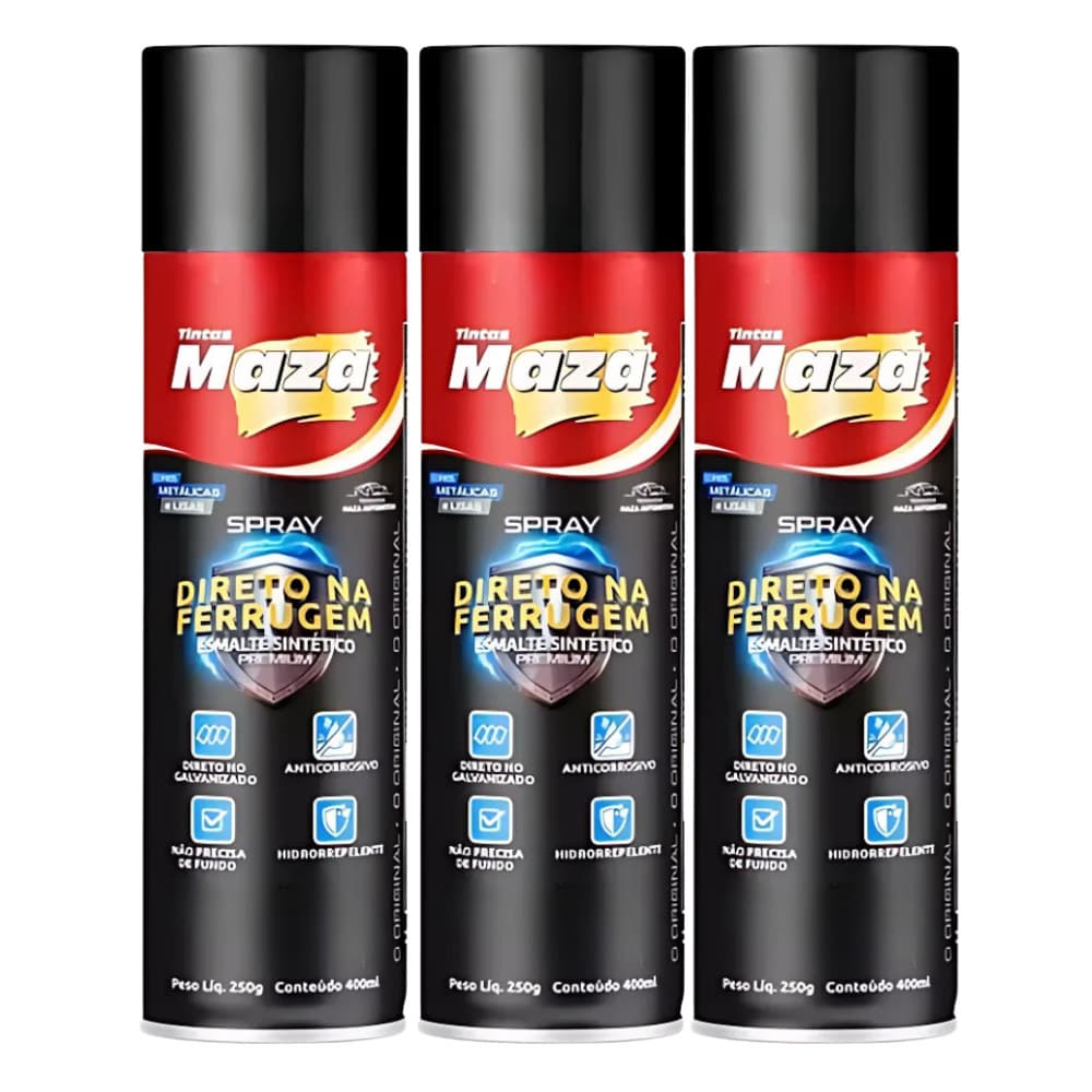 Kit 3 Tinta Spray Esmalte Sintético Direto na Ferrugem 250gr Maza Premium
