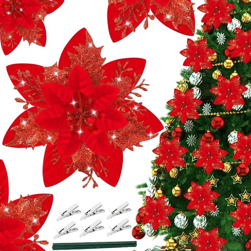 1/5/20 Pcs Glitter Flores De Natal Falso Poinsétia Flor Artificial Com Clipes DIY Grinalda Enfeite De Árvore Decoração D