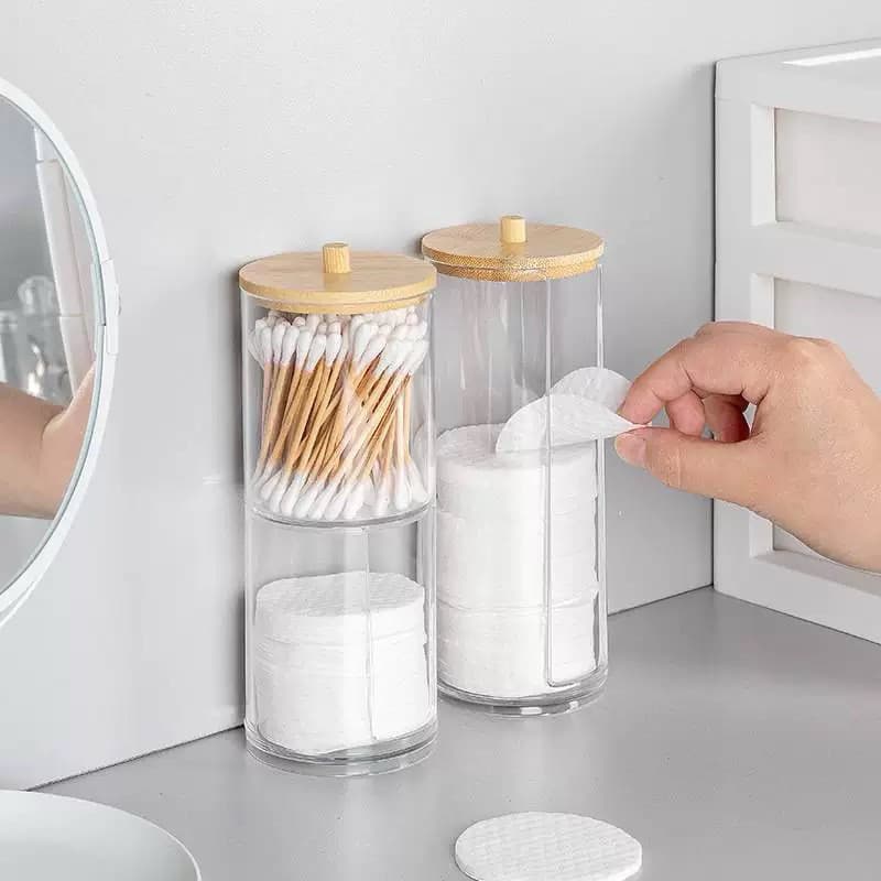 Porta Algodão E Cotonetes Em Acrílico Transparente Com Tampa Bambu Organizador Multiuso