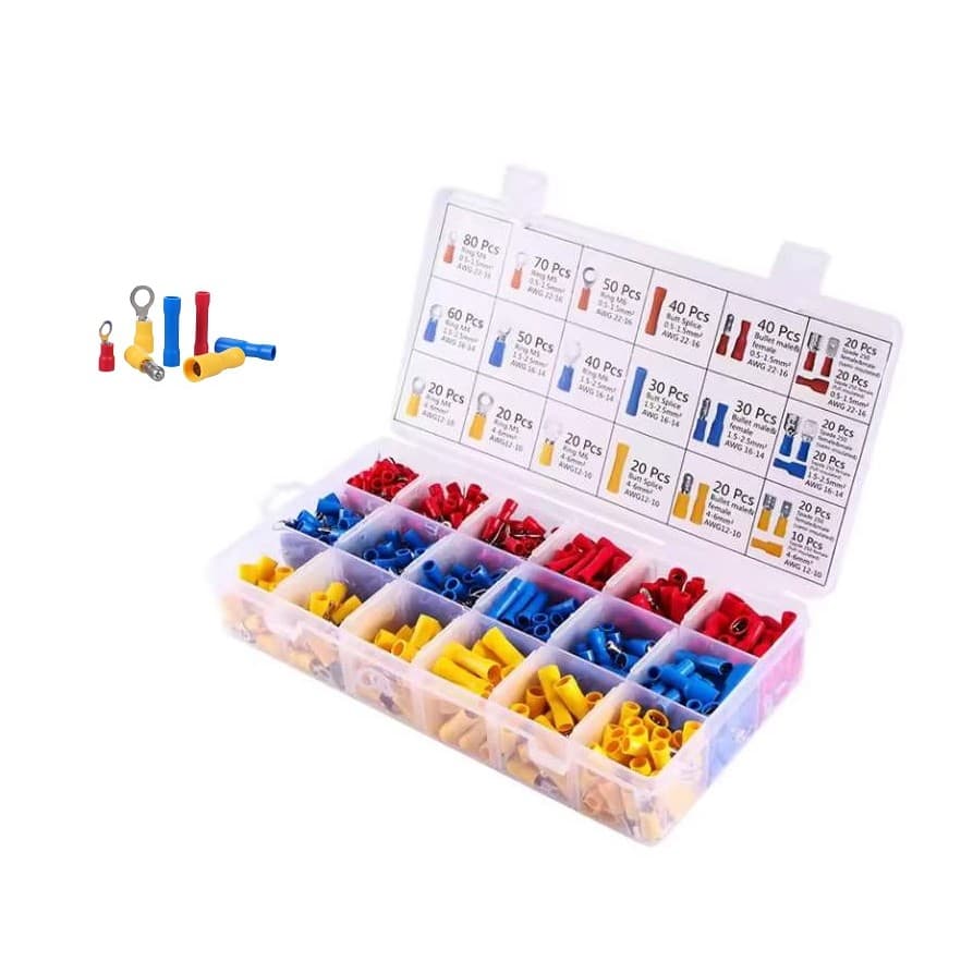 Kit Terminal Elétrico 700 Conectores de Fio Com Estojo Organizador Anel Emenda Bala Garfo Macho Fêmea Crimp Profissional