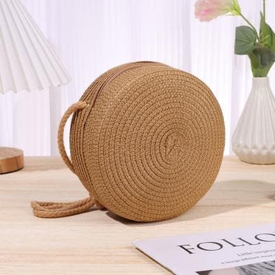 Bolsa Feminina Pequena Palha Sintética Redonda Alça Comprida corda transversal B-60