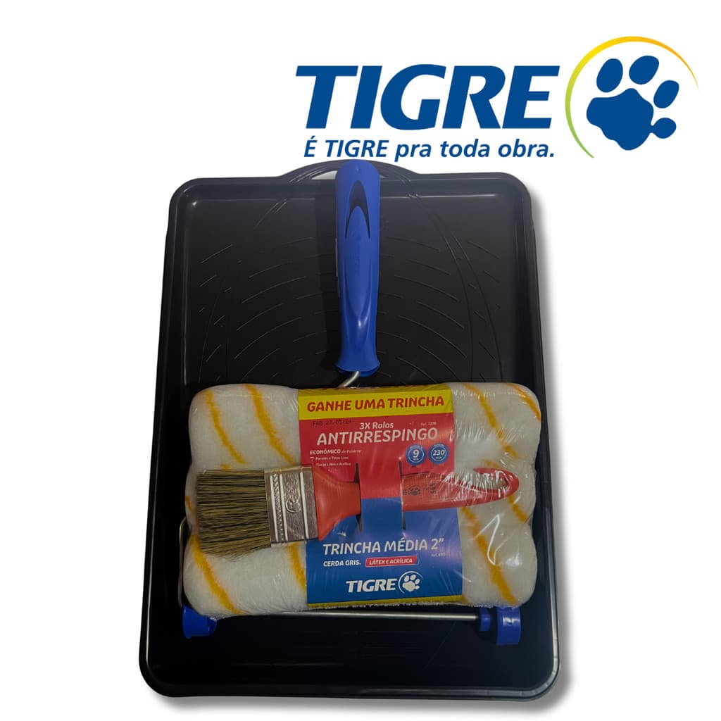 Rolo Pintura Antigota Kit 3UN + Pincel Médio Trincha 2'' + Suporte p/Rolo + Bandeja para Tinta Tigre