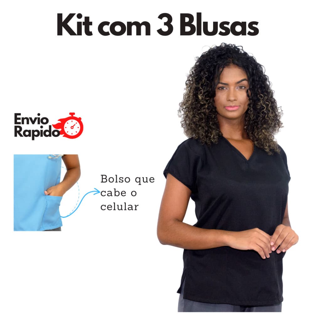 KIT Com 3 Scrubs Bata Blusa Uniforme Enfermagem Manga japonesa