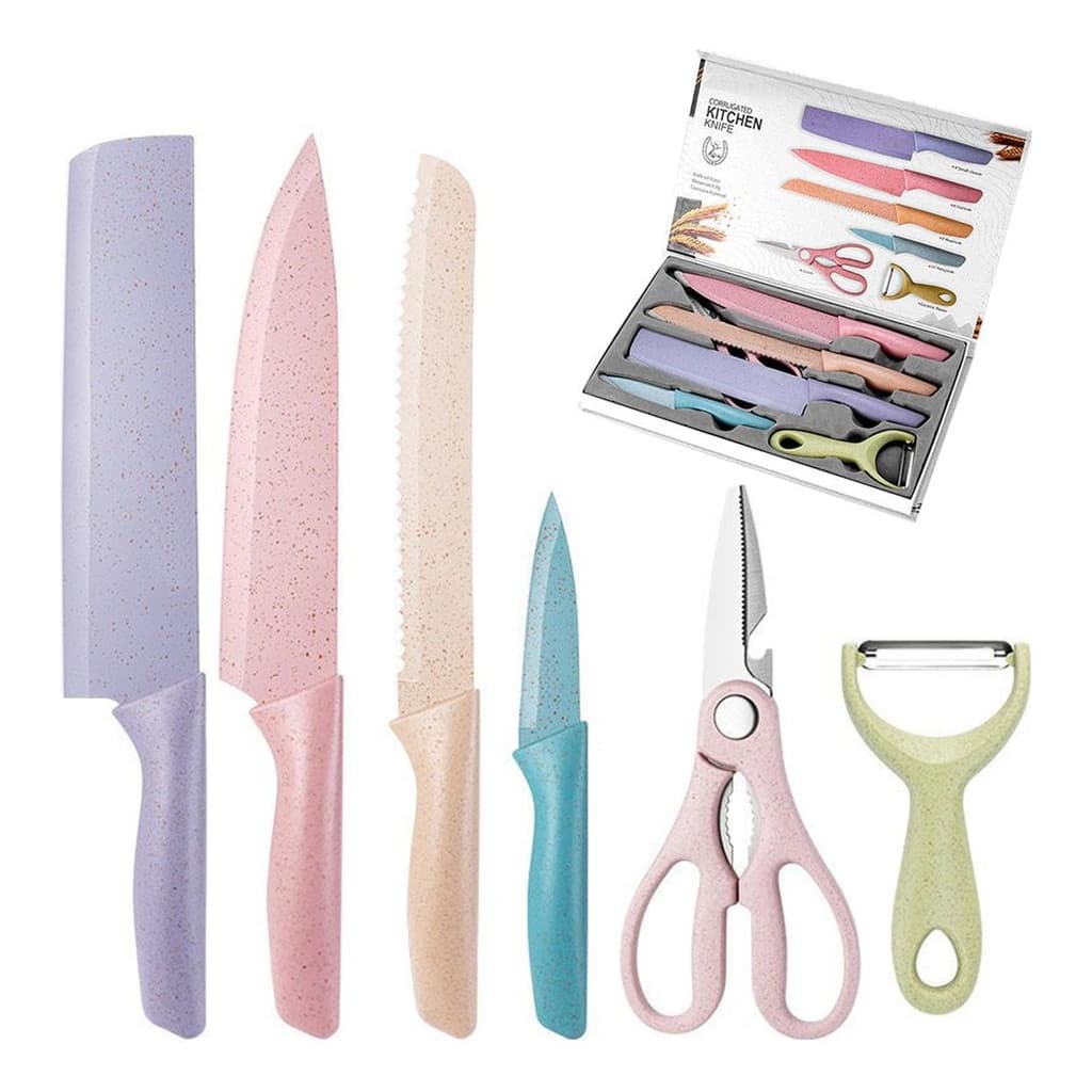 Kit Cozinha Inox 6 Pçs Facas Coloridas Churrasco