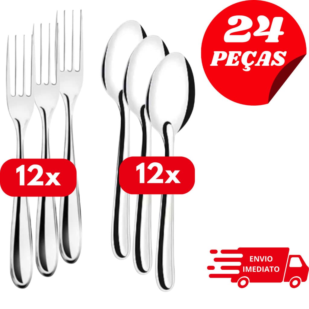 Kit Talheres Inox 24 Peças – 12 Garfos e 12 Colheres de Mesa | Aço Inoxidável Resistente