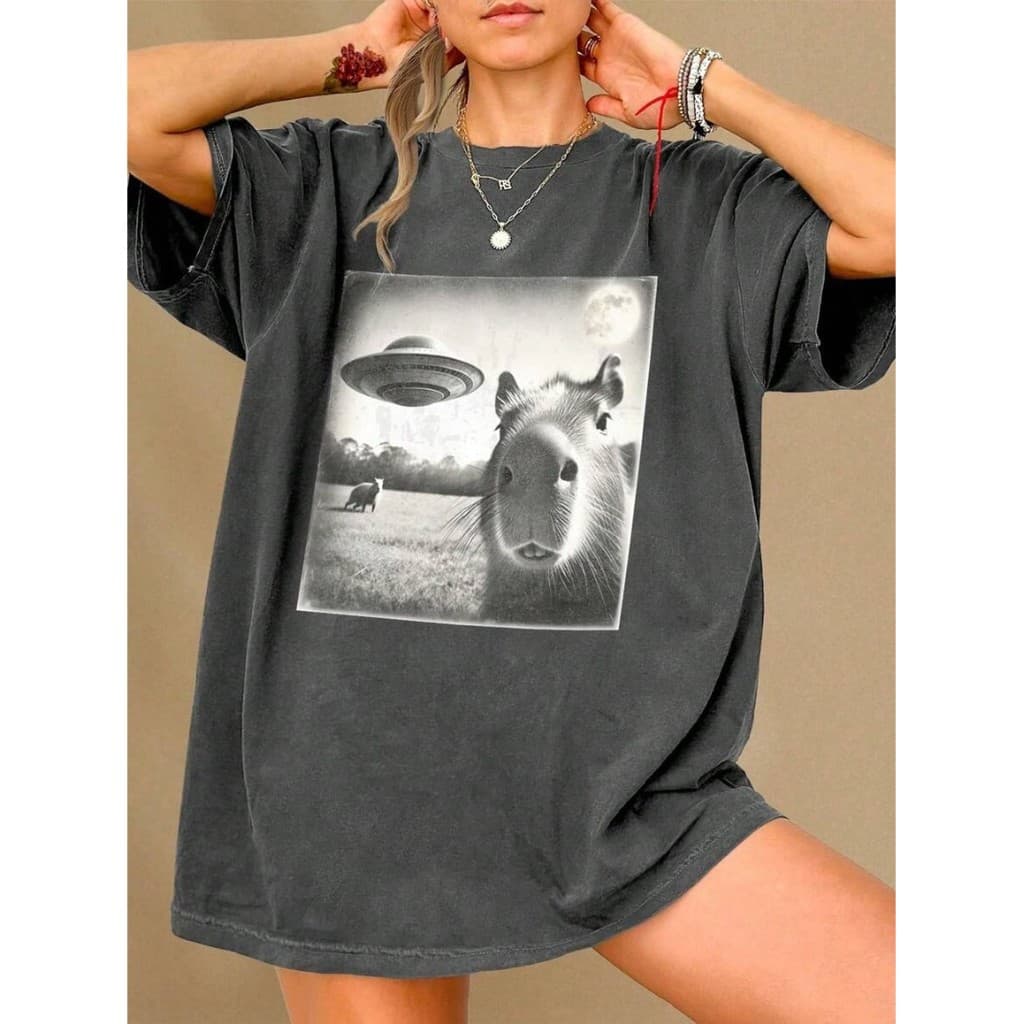 Camiseta Casual de Gola Redonda com Estampa de Animal Algodão
