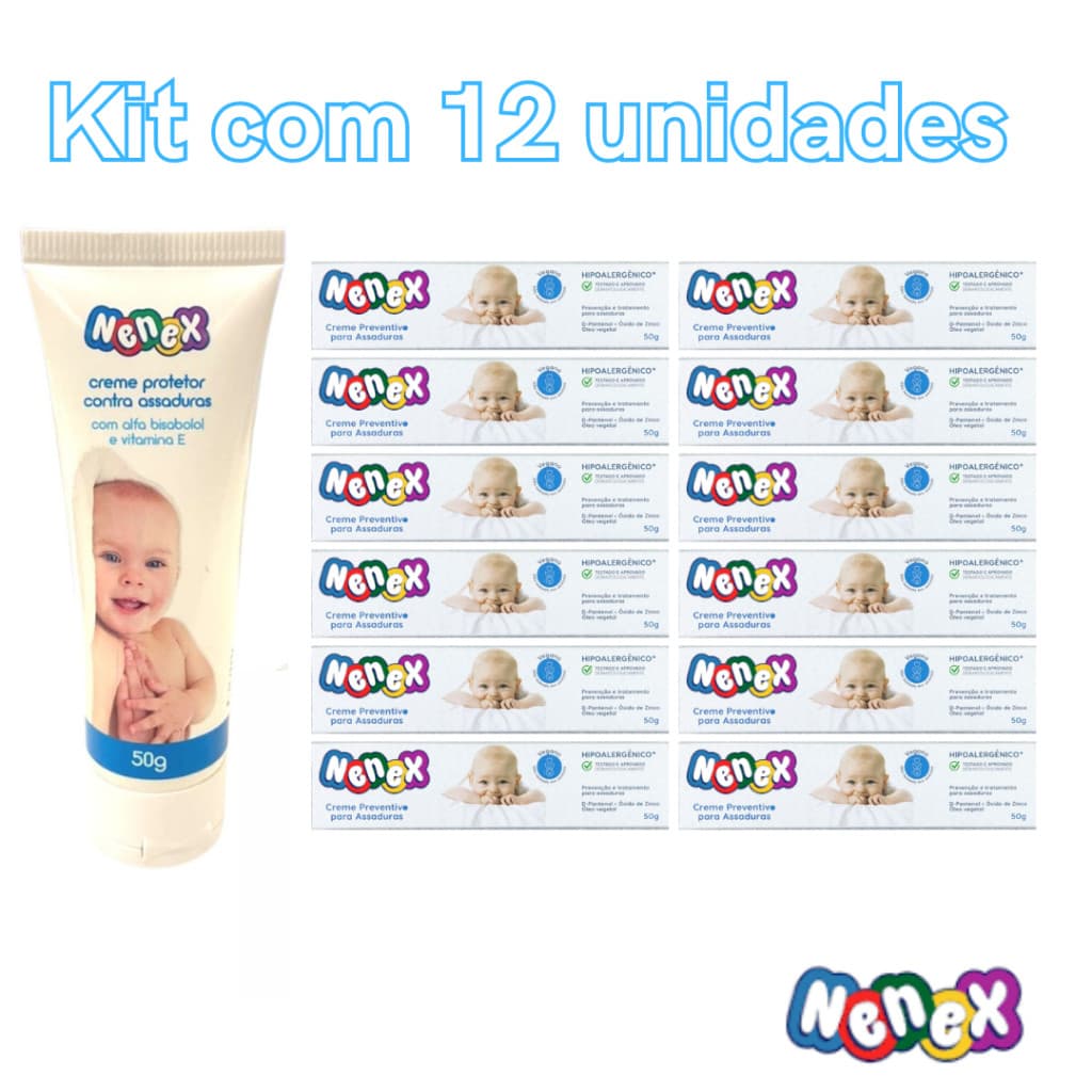Kit 12 Pomadas Creme Preventivo de Assaduras Nenex Premium 50g Proteção Diária com Vitamina E e Alfa Bisabolol
