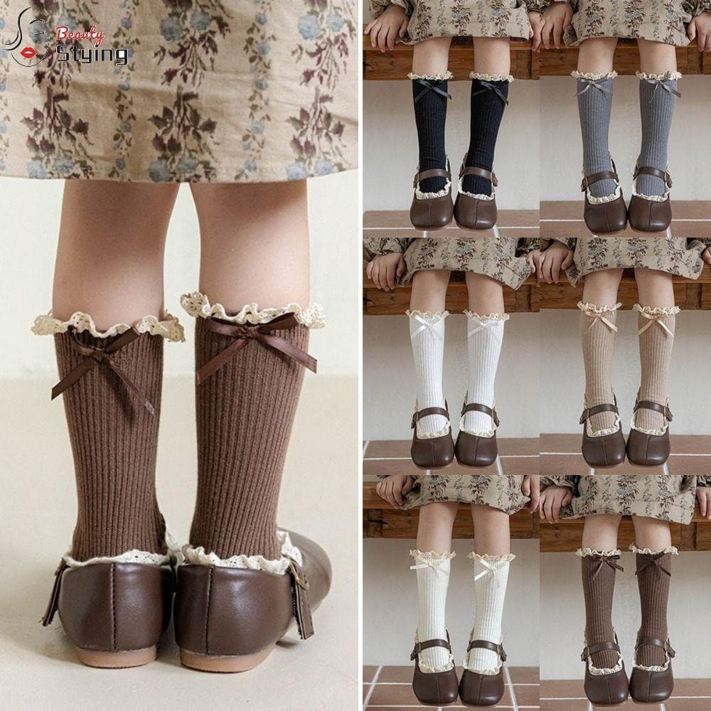 STYLING Lolita Sock , Meias De Algodão Com Laço E Panturrilha Renda Infantil Meia Alta Até O Joelho