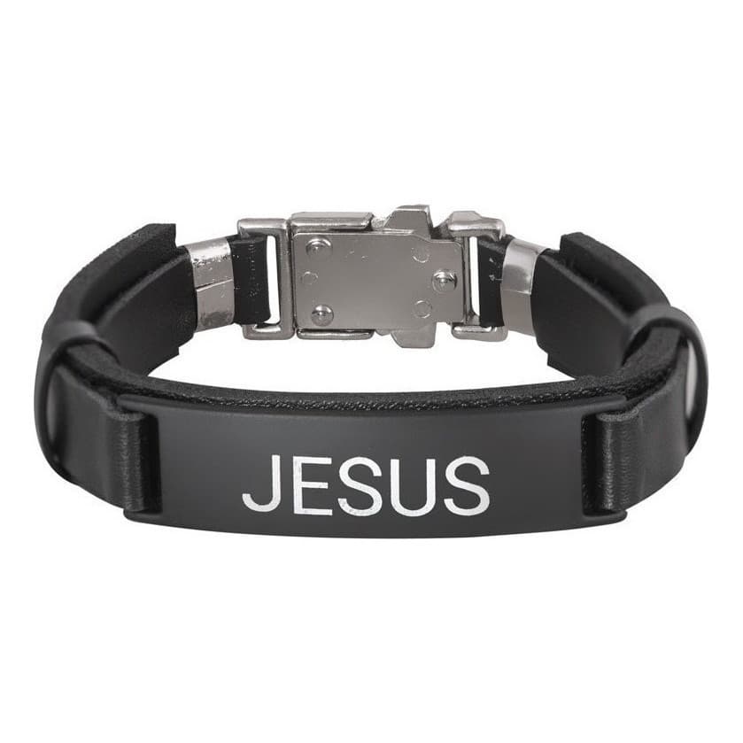 Pulseira Bracelete Couro Preto Masculino Placa Escrita Jesus