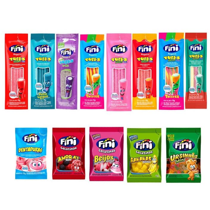 Kit 60 Balas Fini 15g Mix Tubes e Gelatina Festa Sacolinha Surpresa