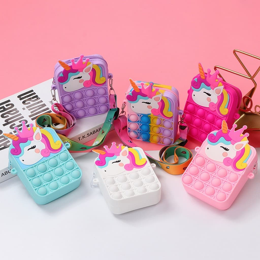 Mini Bolsa Pop It Transversal Unicórnio Com Alça Com Regulagem Bolsa Unicórnio de Silicone