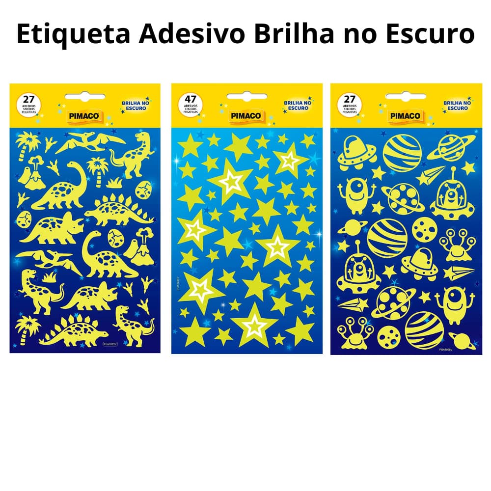 Etiqueta Escolar Adesivo Brilha no Escuro Dino Estrela ou Espaço Pimaco