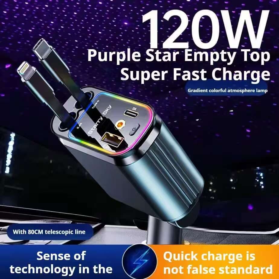 Carregador De Carro Retrátil 4 Em 1 De Carregamento Rápido 120W 1PD + 1USB Portas Adaptador De Compatível Com Lâmpada St