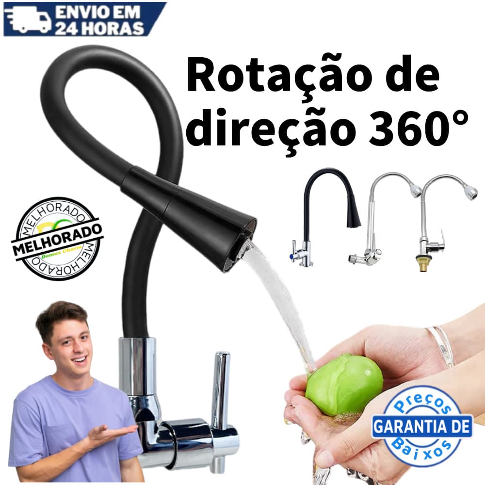 Torneira Cozinha Parede Flexível Duplo Jato Cone 1/4 De Volta Parede Filtro Inox Cromada Torneira