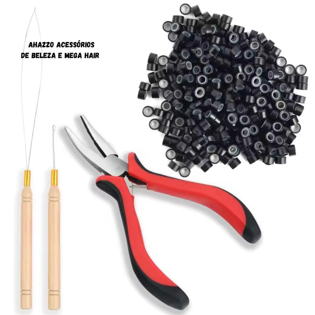 Kit Mega Hair Alicate + 02 Agulhas +100 Microlinks C/ Silicone