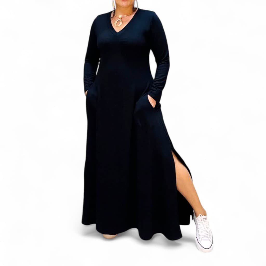 Vestido Longo Plus Size Manga Longa Fenda Lateral com Bolsos | Viscolycra Confortável Elegante Moda Feminina