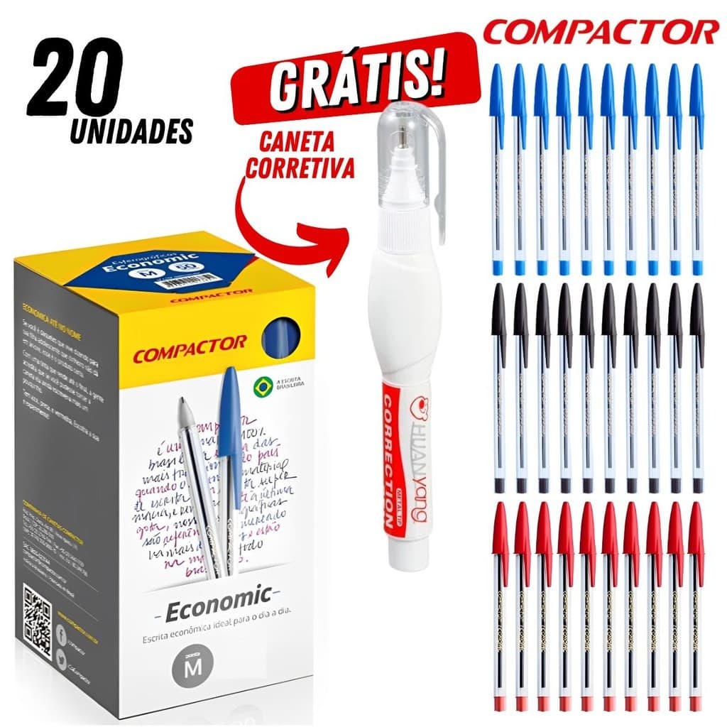 KIT 20 Canetas Esferográficas 1.0mm Compactor + Caneta Corretivo