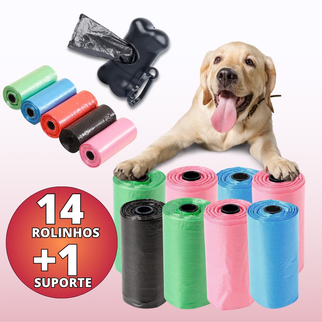 Kit 210 Saquinhos Refil Cata Caca Pet Higiênico Saco Lixo + Suporte