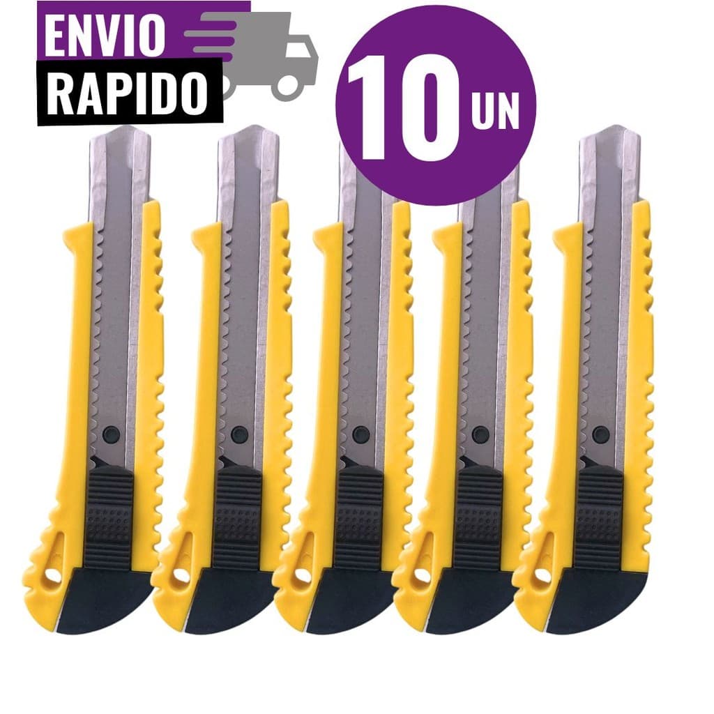 Kit 10 Estilete Grande Profissional Lâmina 18mm Trava de Segurança Artesanato Escritório Profissional