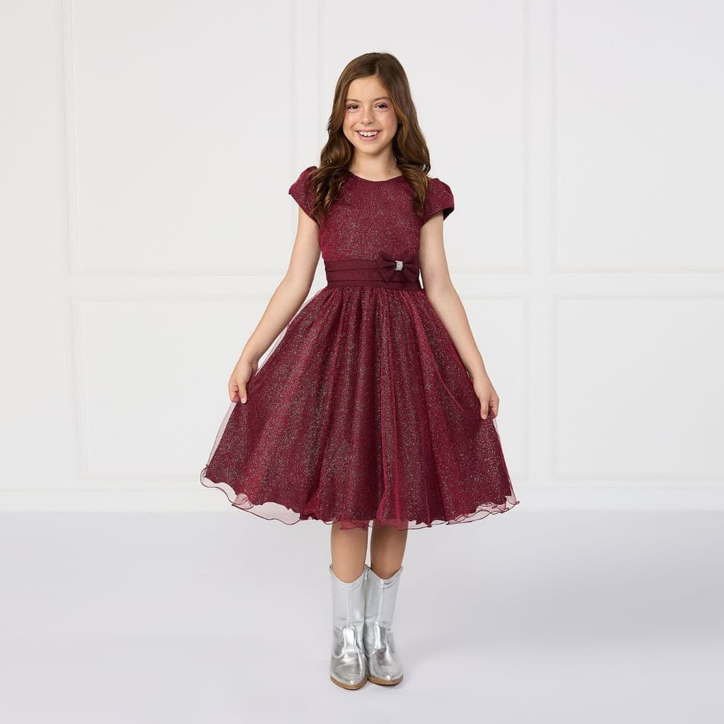 Vestido Glitter Nervura Marsala Infantil Festa Brilho Aniversário