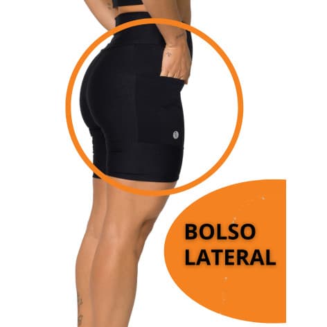 Bermuda Flora Fitness Preto Com Bolsos Laterais e Cintura Alta Moda feminina