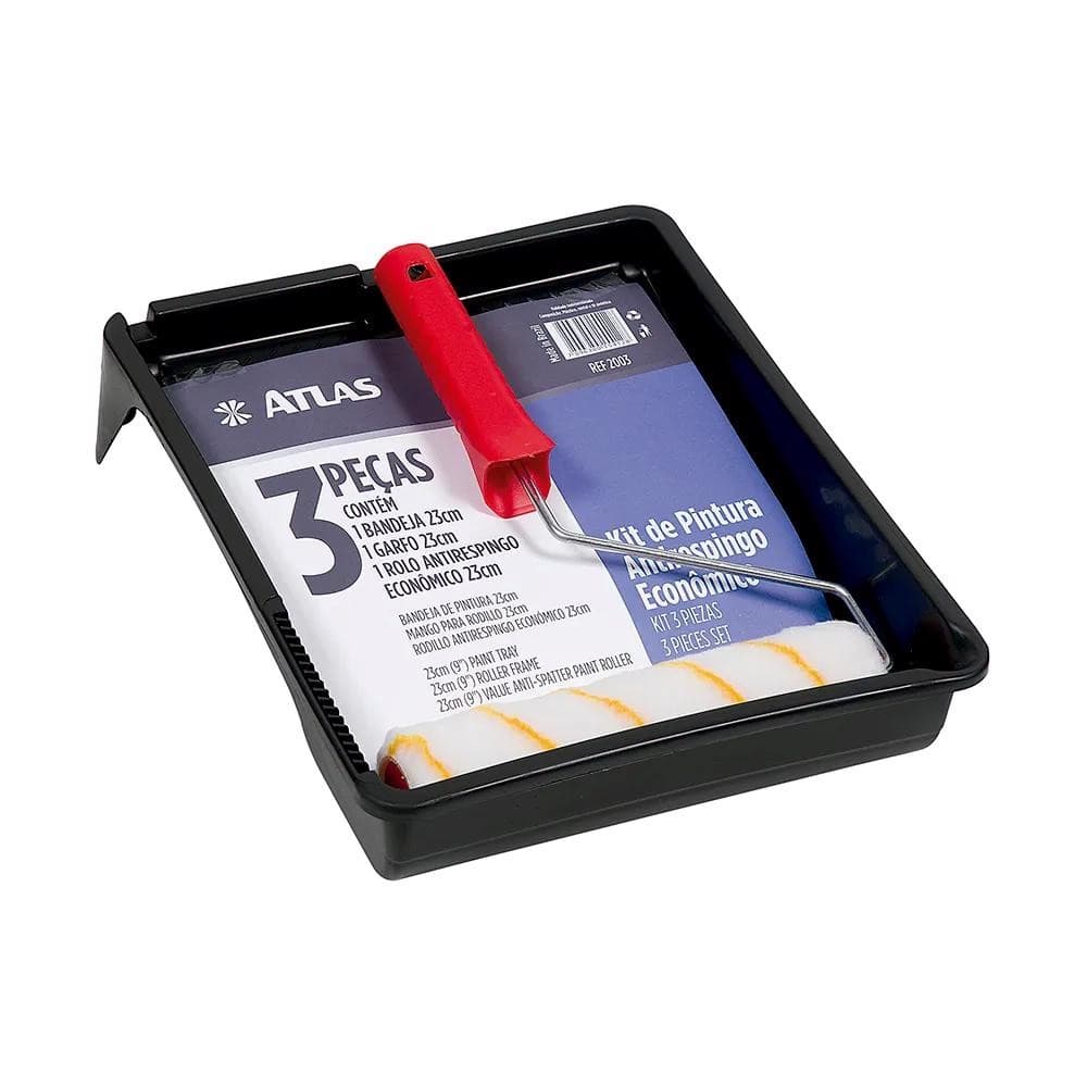 KIT PINTURA PAREDE ROLO LÃ ANTI RESPINGO CABO E BANDEJA 2003 23CM ATLAS