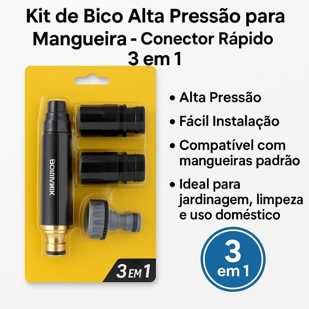 Bico de Mangueira Alta Pressão 3 em 1 Jato Ajustável Universal