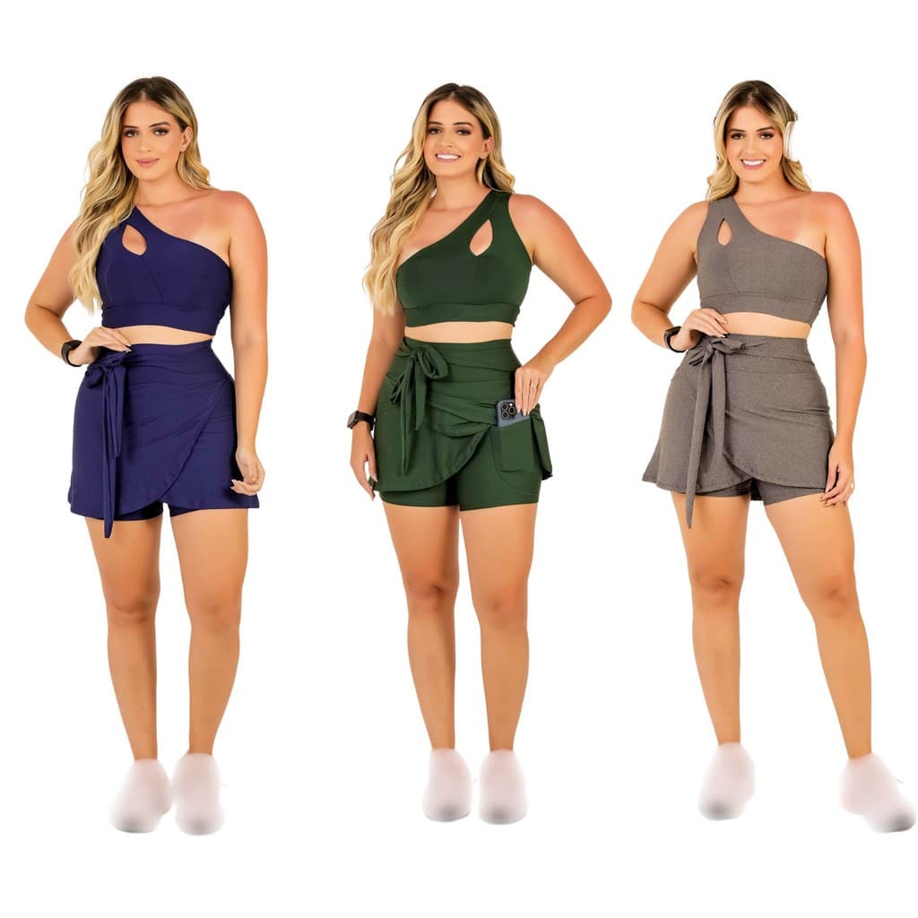 Kit 3 Conjuntos Short Saia e Top Cropped Feminino Fitness Moda Evangélica Academia Ginástica Treino Caminhada The Start