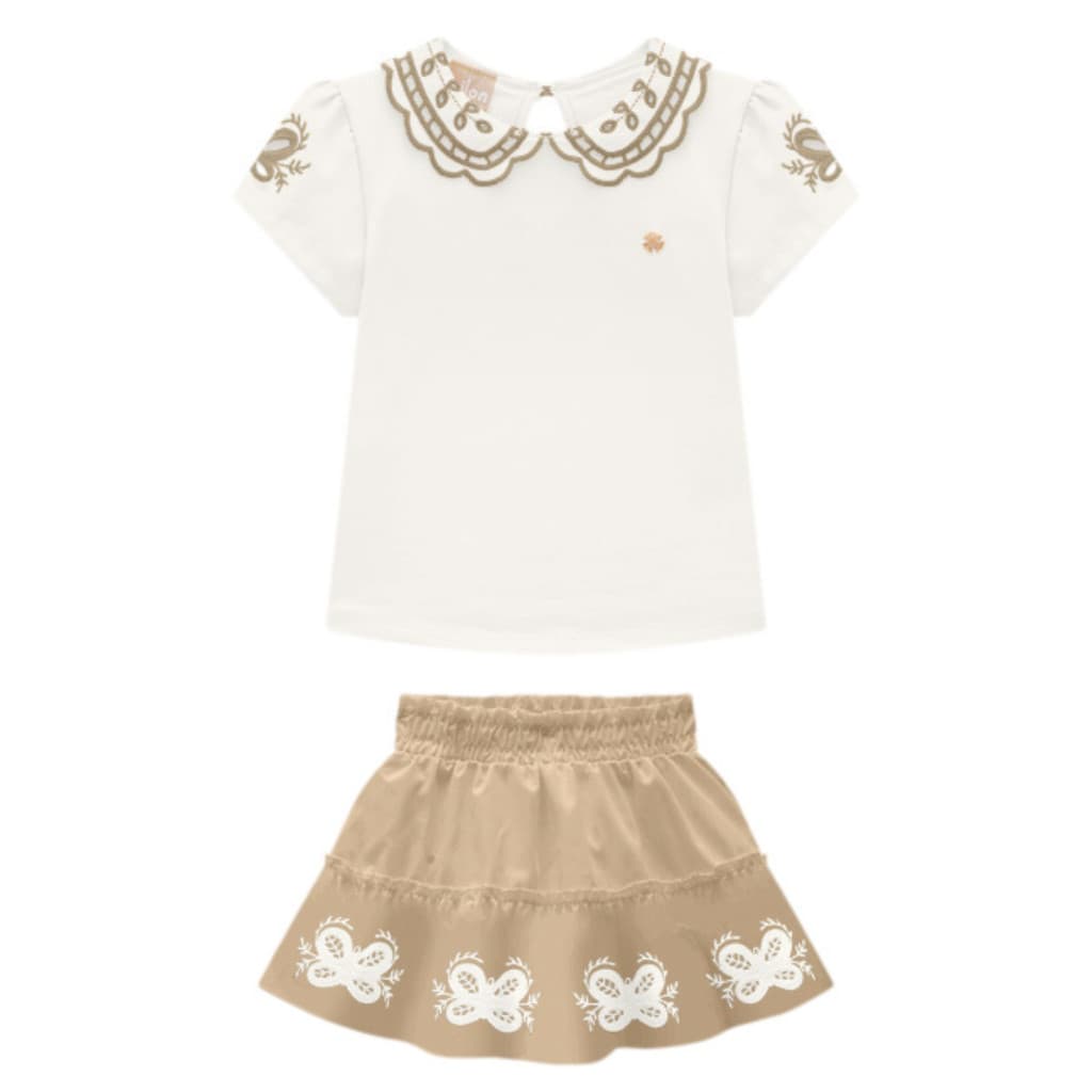 Conjunto Blusa Manga Curta e Short Saia Bordado Borboletas