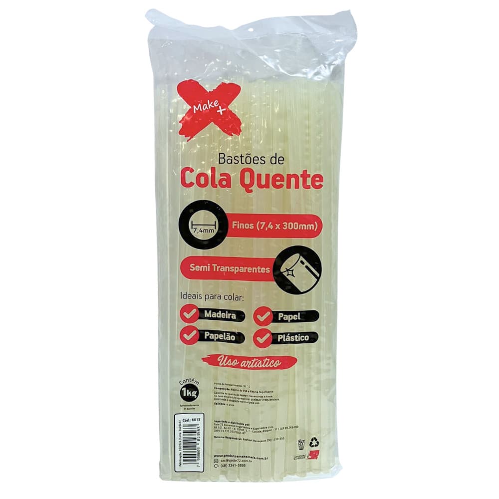 Bastões de Cola Quente Semi Transparentes 1kg MAKE+ Finos (7,4 x 300mm)