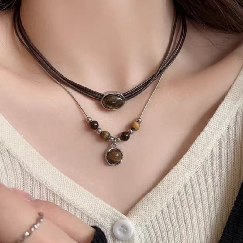 Colar Com Pingente De Pedra Marrom-Gargantilha Bohemia Stacking-Presentes De Dia Dos Namorados-Para Meninas Diariamente