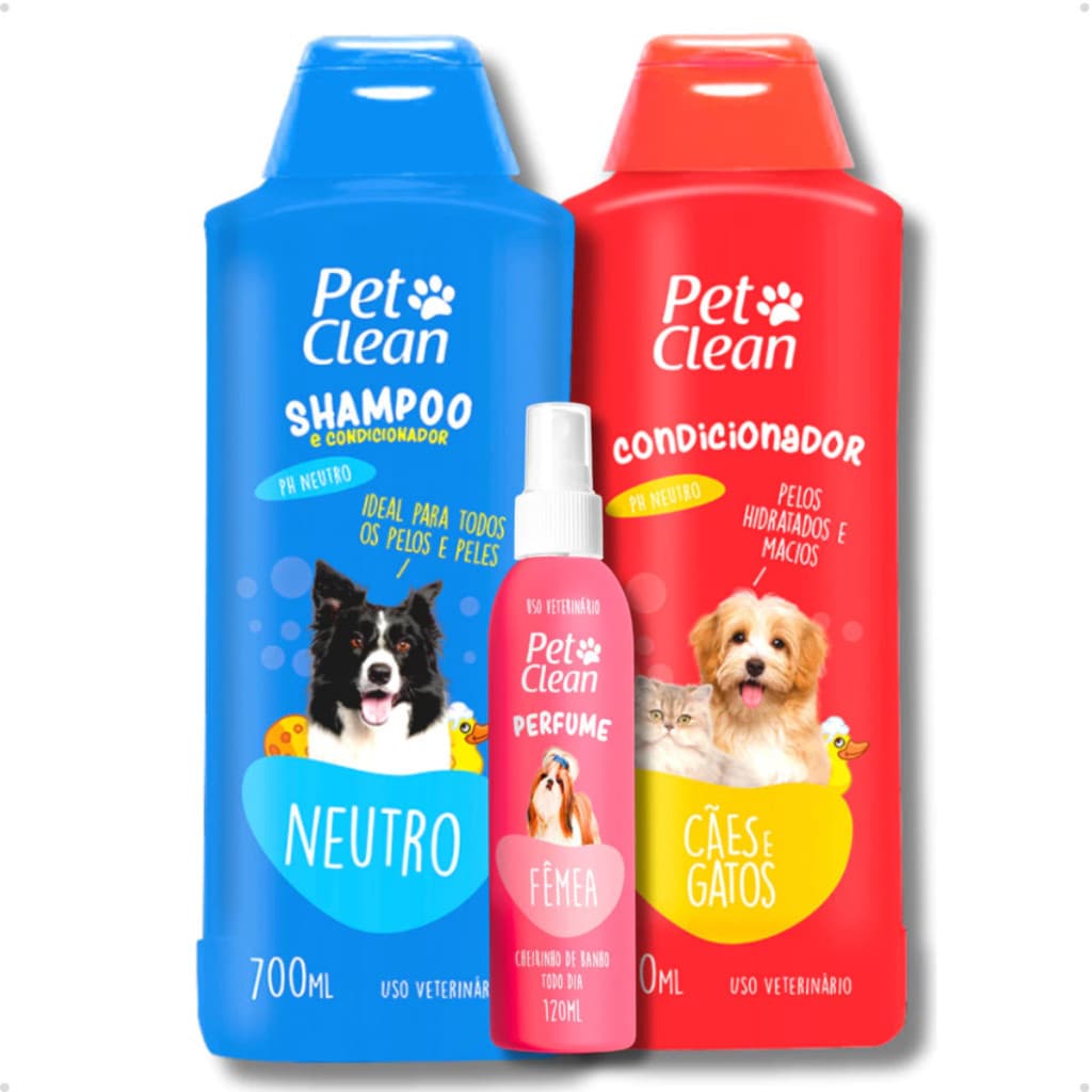 Kit Shampoo Pet Shop Cachorro e Gato Neutro + Creme Condicionador de Pelos + Perfume Pet Clean