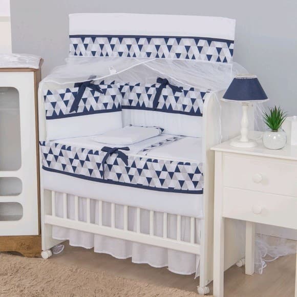 Kit Mini Berço 8pcs Algodão Bebê Menino Bandeirola Marinho