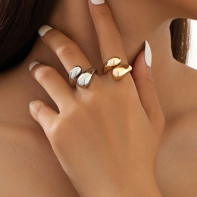 Anel ajustável feminino 2 gotas lisas banhado a ouro 18K